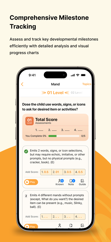 VBMAPP - VBMAPP app screenshot showing a Mand milestone assessment at Level 1 for tracking developmental progress.
