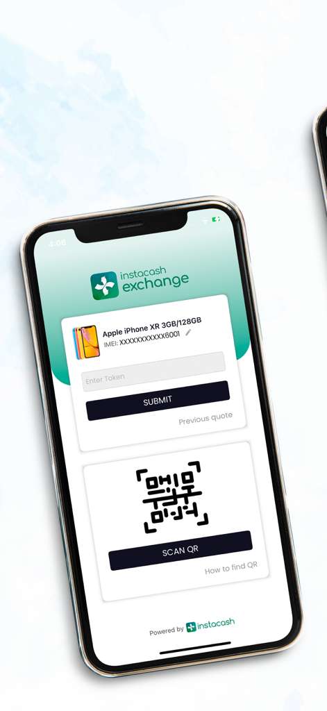 InstaCash Exchange app screen showing smartphone diagnostic details and QR code scanner for trade-ins