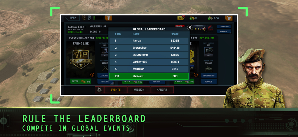 Drone : Shadow Strike - Eine globale Ranglistenanzeige mit Spielerplatzierungen und einem Militärkommandanten in Drone Shadow Strike