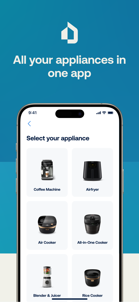 HomeID App-Oberfläche, die ein Raster von Küchengeräten zeigt, darunter Kaffeemaschinen, Heißluftfritteusen und Kochgeräte