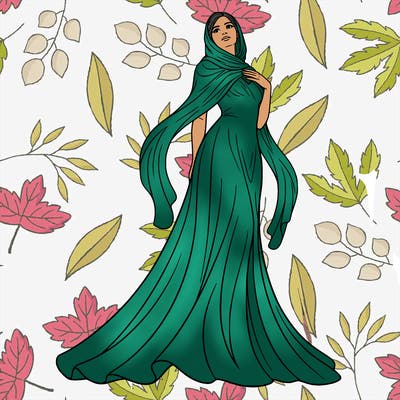 beautiful woman wearing a long, flowing dress with soft folds and gentle lines. a light scarf covers part of her hair and drapes over her shoulders, with a few curved lines to show the fabric.