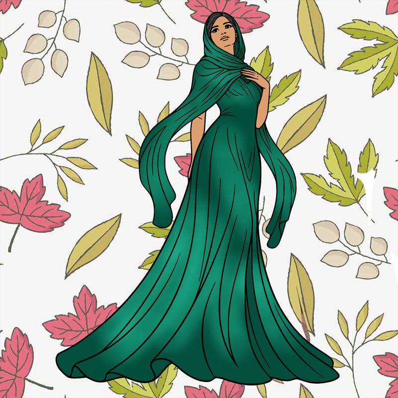 beautiful woman wearing a long, flowing dress with soft folds and gentle lines. a light scarf covers part of her hair and drapes over her shoulders, with a few curved lines to show the fabric.