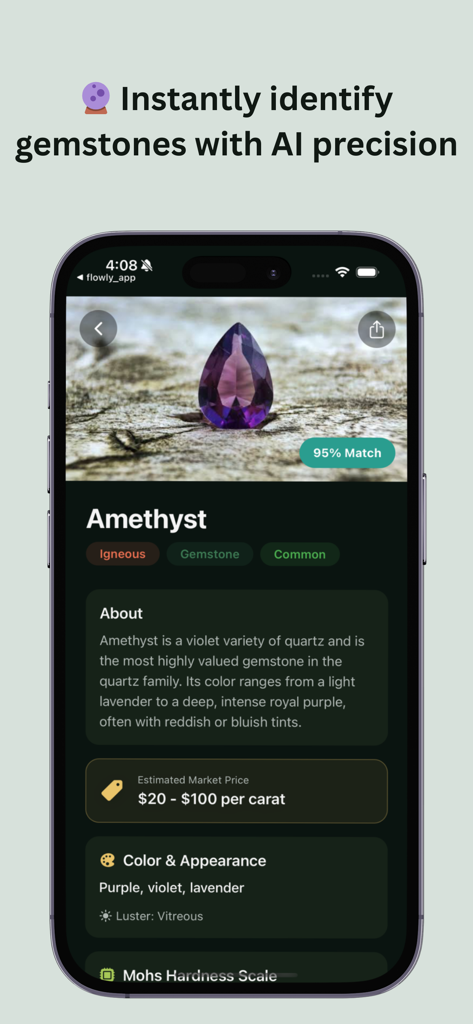 Rock Identifier:AI Stone & Gem - Pantalla de la aplicación móvil mostrando la identificación IA detallada e información para una gema de Amatista.