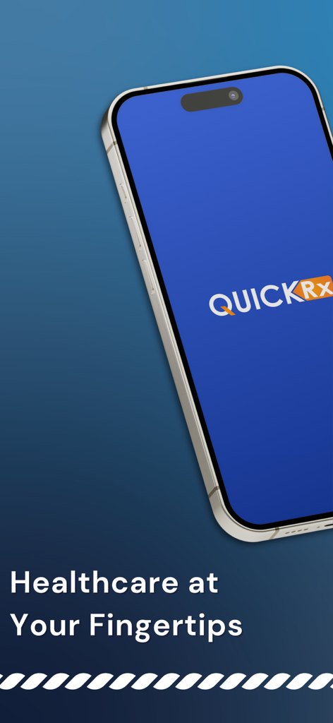 Quick Rx - Quick Rx mobile app splash screen displaying the logo and the slogan Healthcare at Your Fingertips on a smartphone.