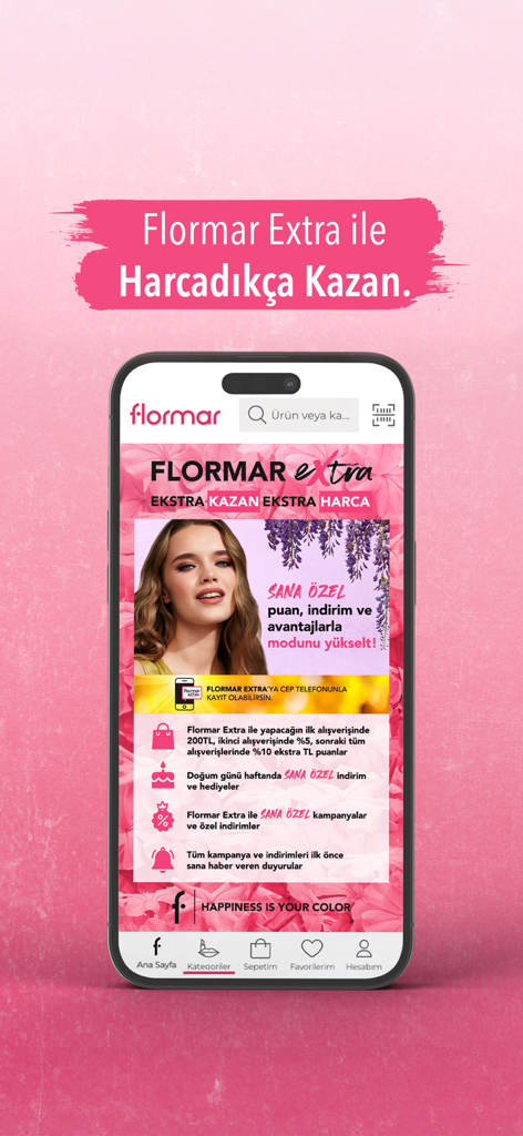 Captura de pantalla móvil de la app de Flormar que destaca el programa de fidelidad Flormar Extra con recompensas y descuentos exclusivos