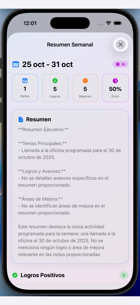 intelli note - A weekly summary screen of the intelli note app featuring AI-generated executive summaries and performance metrics.