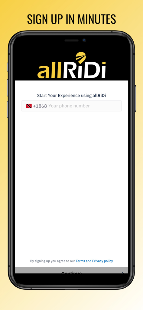 allRiDi - Schermata di registrazione dell'app mobile allRiDi con inserimento del numero di telefono di Trinidad e Tobago