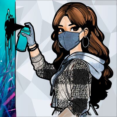 realistic girl with mask spray painting a wall