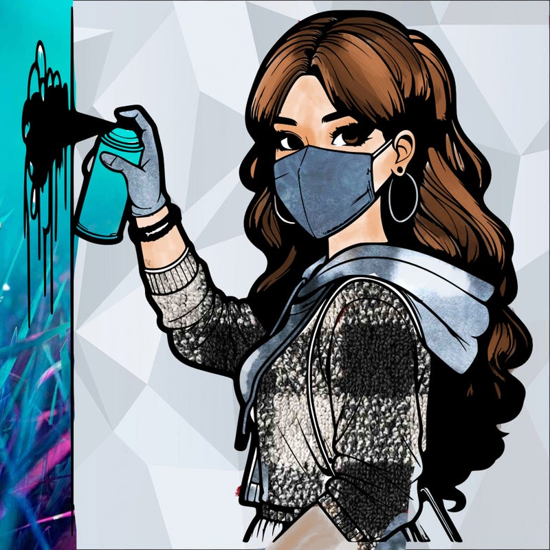 realistic girl with mask spray painting a wall