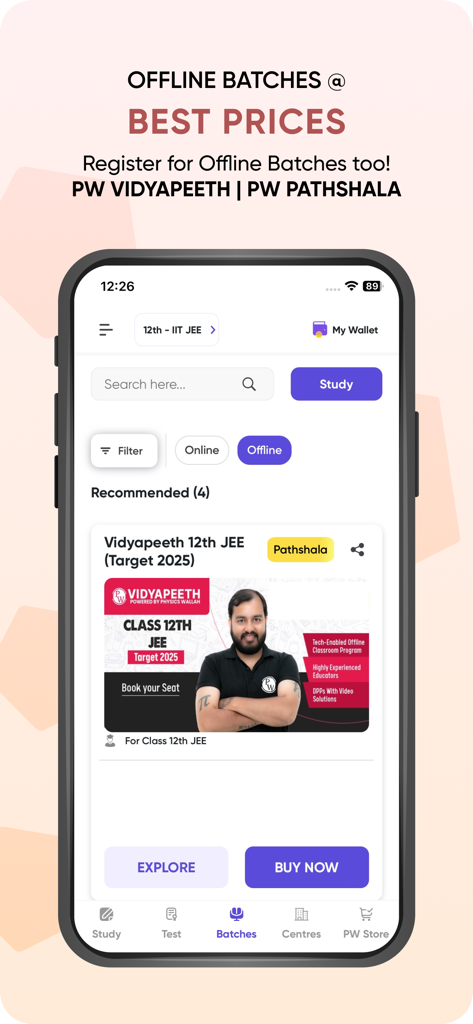 Physics Wallah - Physics Wallah mobile app interface showing offline JEE preparation batches and course registration options
