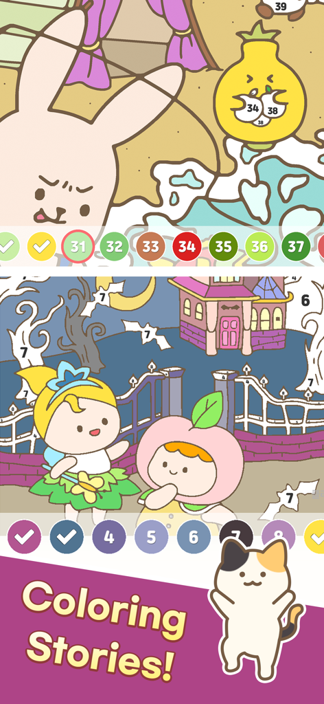 Color Town: My Lovely World - Mobile game screenshot showing color-by-number puzzles with cute characters and a calico cat mascot.