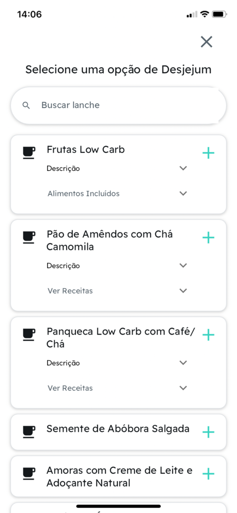 Desafio Diabetes - Low Carb - A menu of low carb breakfast meals in the Desafio Diabetes app