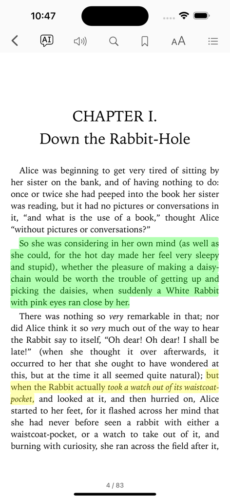 Epub reader interface showing highlighted text and AI assistant features