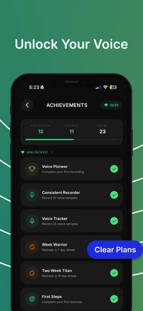 DEEPR - Deep Voice Training - Panel de Logros de la aplicación DEEPR que muestra el progreso en los ejercicios de entrenamiento vocal