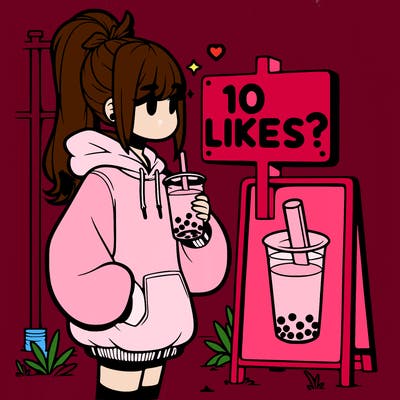 girl with oversized hoodie drinking boba and she has a high ponytail with a sign that says 10likes?