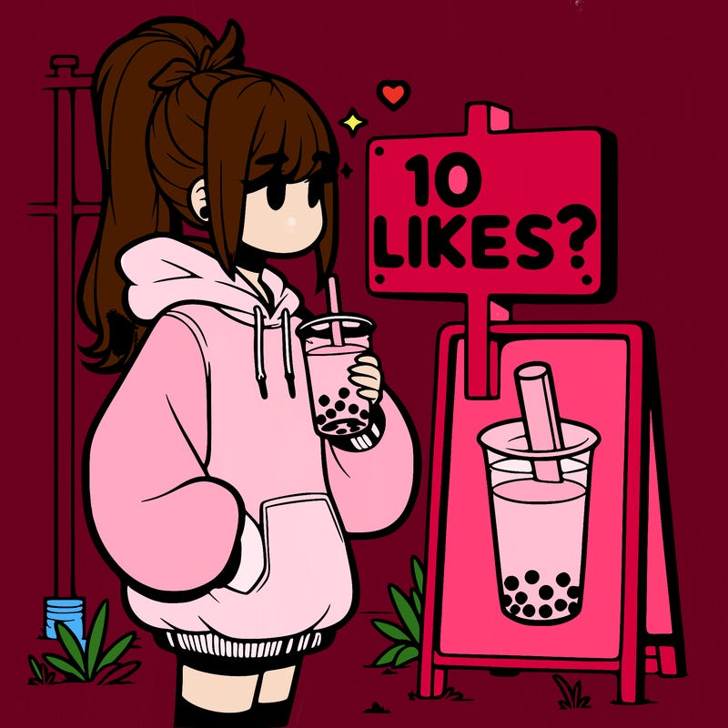 girl with oversized hoodie drinking boba and she has a high ponytail with a sign that says 10likes?