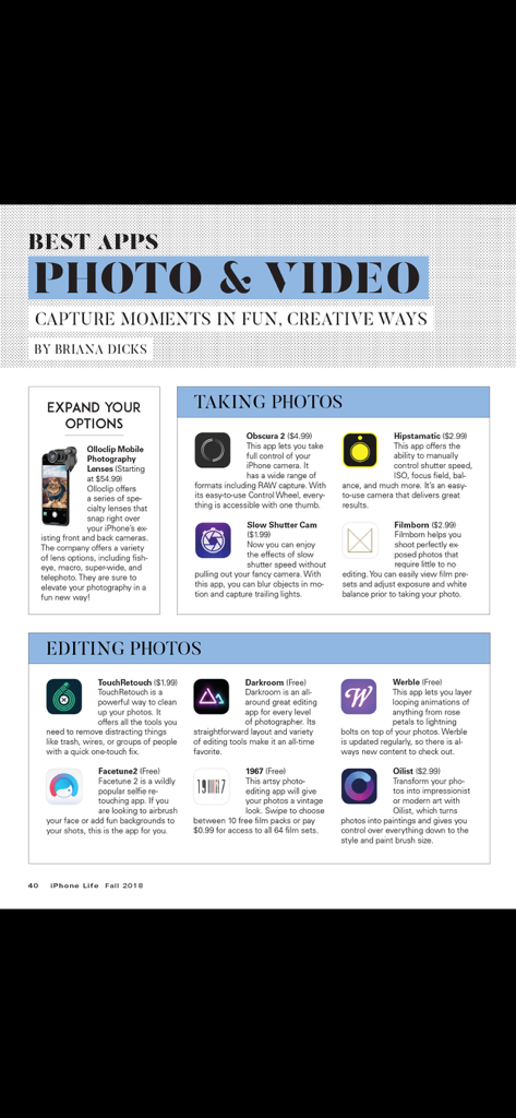A page from iPhone Life magazine showcasing recommended photo and video apps and mobile photography lenses.