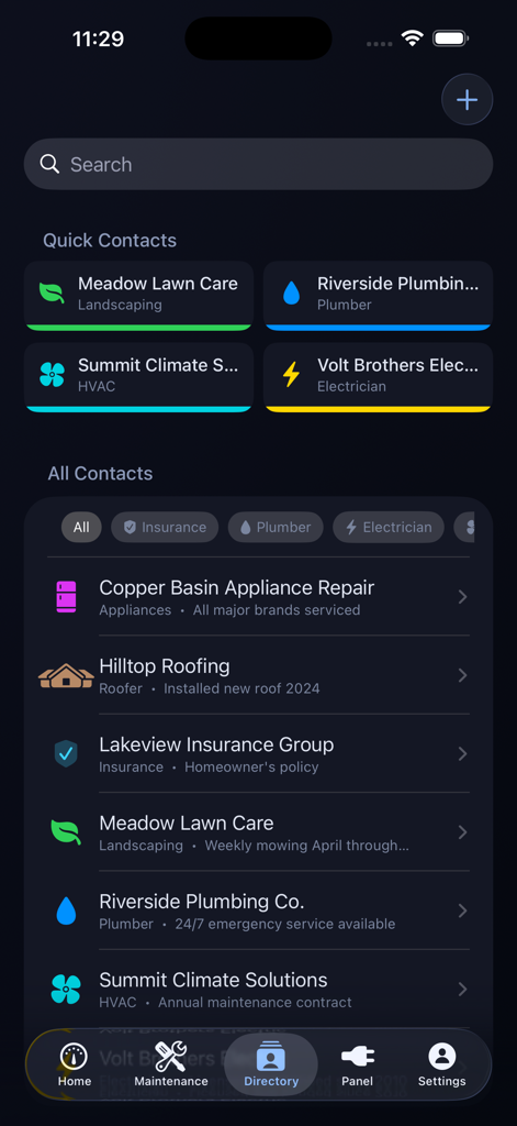 FixFolio app directory screen showing a list of home maintenance professional contacts including plumbers and electricians