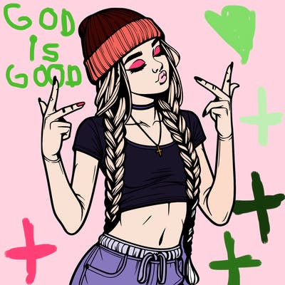 realistic teenage girl with braids and a beanie and crop top doing 🫶🏼