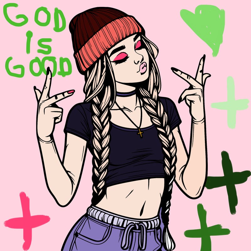 realistic teenage girl with braids and a beanie and crop top doing 🫶🏼