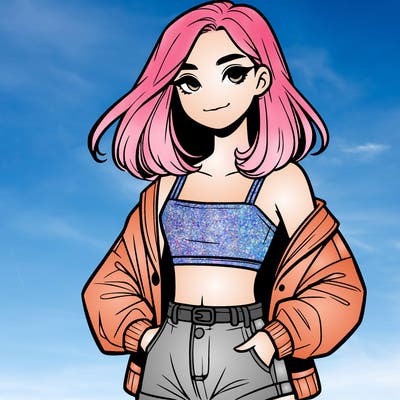 a realistic girl with a crop top and short shorts in an open jacket