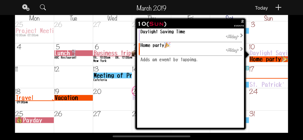 MonCal - MonCal app monthly calendar interface in landscape mode featuring color coded events and a daily schedule popup