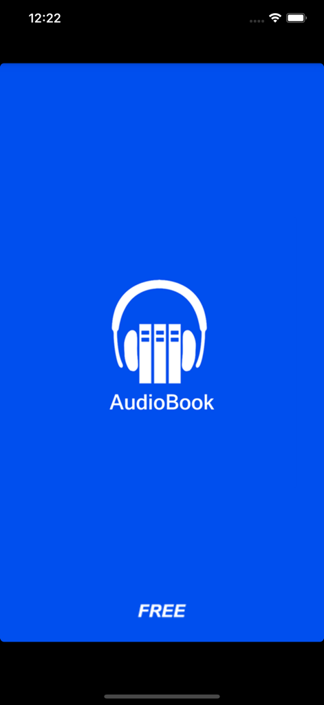 Tela inicial de um aplicativo gratuito de audiolivros vietnamitas mostrando um logotipo branco de fones de ouvido e livros em um fundo azul.