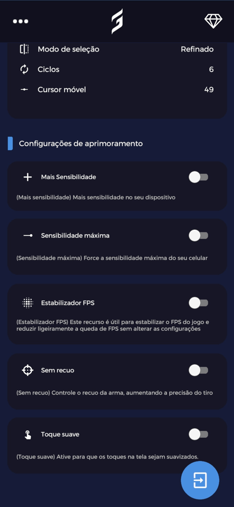 Interface do aplicativo Goxit mostrando configurações de otimização de jogo para sensibilidade e estabilização de FPS