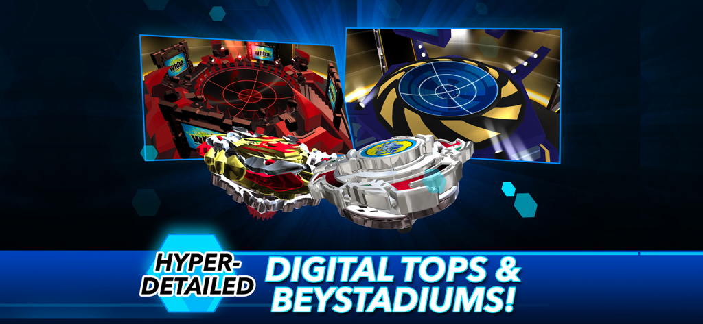 BEYBLADE BURST app - Hyperdetaillierte digitale Beyblade-Kreisel und Beystadien in der BEYBLADE BURST App.