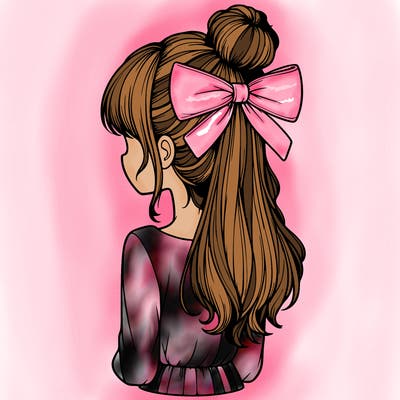 realistic girl  with hip length hair a bun and a big bow on the back of head