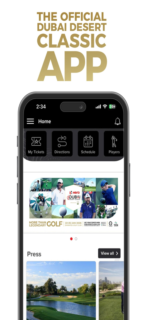 티켓, 길찾기, 일정, 선수 메뉴 아이콘이 있는 공식 히어로 두바이 데저트 클래식 모바일 앱 홈 화면