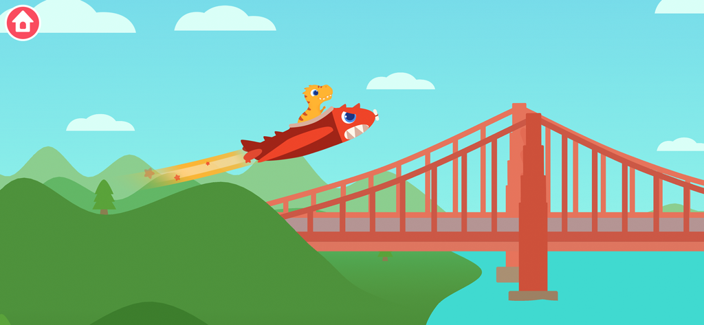 Dinosaur Plane Games for kids - Un dinosaurio de dibujos animados volando un avión rojo con forma de tiburón sobre el puente Golden Gate.