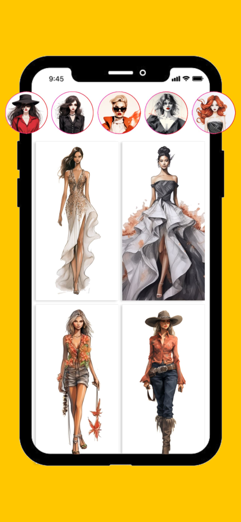 A mobile app interface displaying a gallery of diverse fashion design illustrations and style templates.