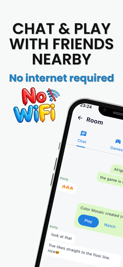 Circlo – Chat & Play Nearby - Interfaz de la aplicación Circlo que muestra chat y juegos multijugador con amigos cercanos sin conexión a internet