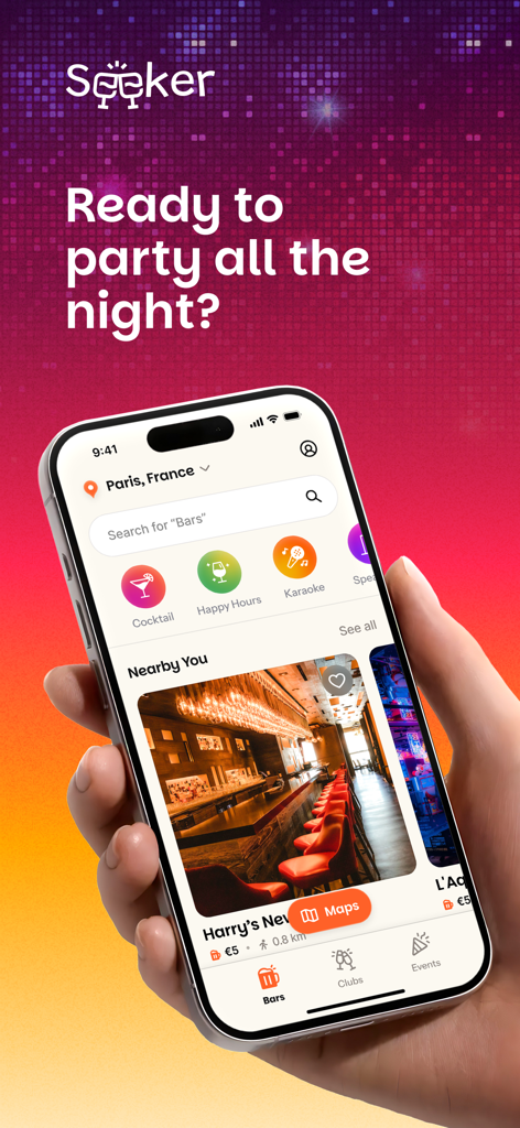 A hand holding a smartphone displaying the Seeker app home screen for finding bars and happy hours in Paris