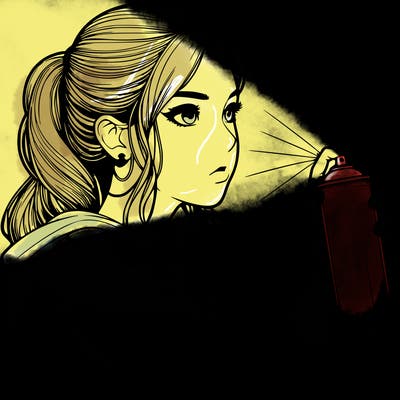 realistic girl is spray painting  her