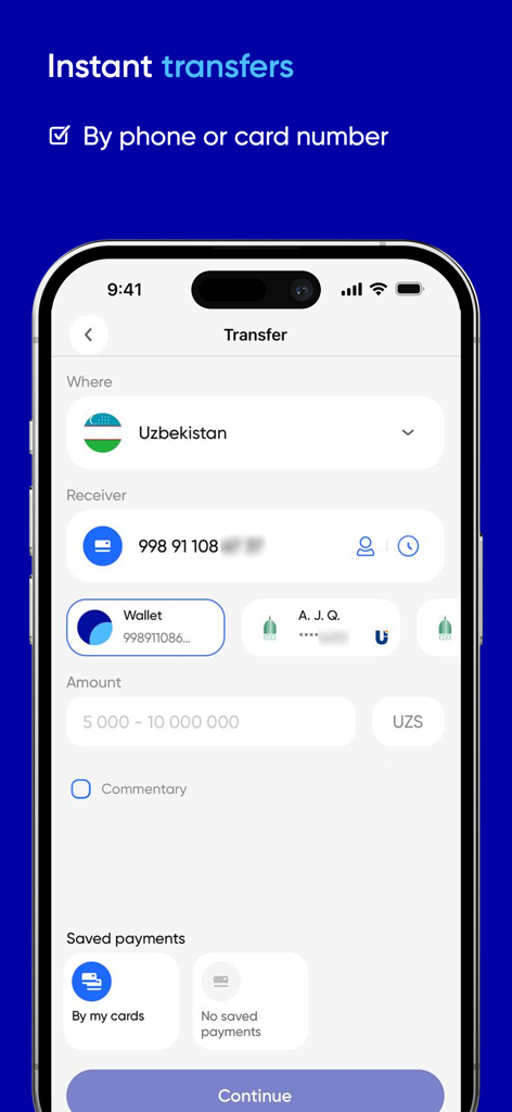 OSON mobile app interface showing the instant money transfer screen to Uzbekistan