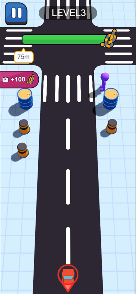 Rescue Line 3D game screen showing a top down view of a road intersection with a red car and a pedestrian
