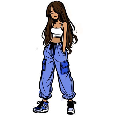 girl in baggy pants crop top and long hair