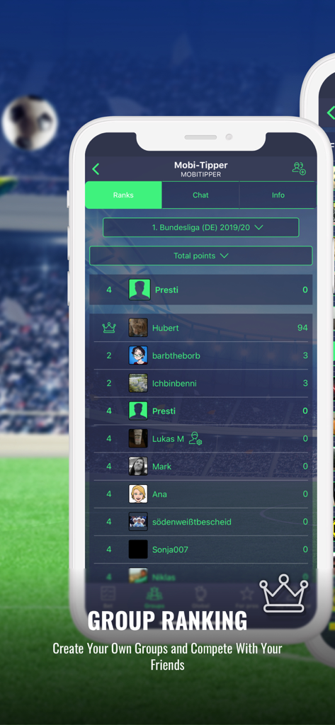 Group ranking screen in Predictor for Friends app displaying a leaderboard of users and their points