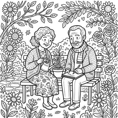 Discover peace and charm with this heartwarming coloring page featuring an elderly couple enjoying a serene garden. This delightful scene invites you to add vibrant colors to a moment of quiet joy in nature.