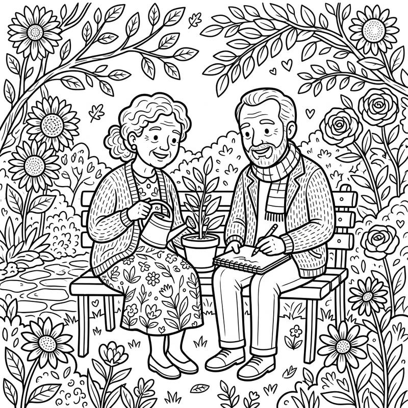 Discover peace and charm with this heartwarming coloring page featuring an elderly couple enjoying a serene garden. This delightful scene invites you to add vibrant colors to a moment of quiet joy in nature.