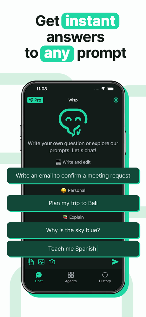 AI ChatBot Assistant 5 0 - Interface of AI ChatBot Assistant 5.0 showing prompt suggestions for email writing and trip planning.
