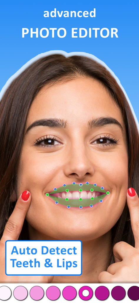 女性の顔の歯と唇を自動検出してレタッチするPerfect Smileアプリの表示