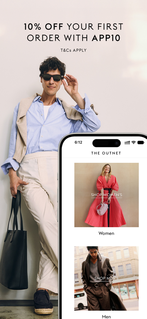 THE OUTNET: Luxury for less - THE OUTNET app interface showing a ten percent discount offer and categories for shopping designer womenswear and menswear