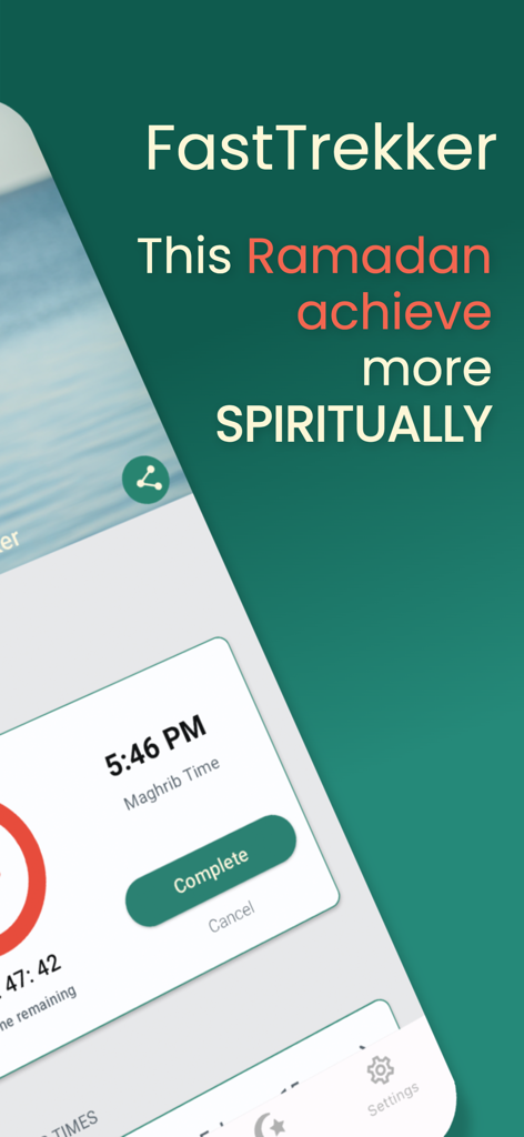 FastTrekker: Ramadan & Prayer - FastTrekker app interface showing Maghrib prayer time and a goal to achieve more spiritually during Ramadan