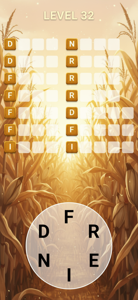 Word Trip - Word Puzzles Games - A gameplay screenshot of Word Trip level 32 showing a word grid and letter wheel set against a relaxing golden cornfield background