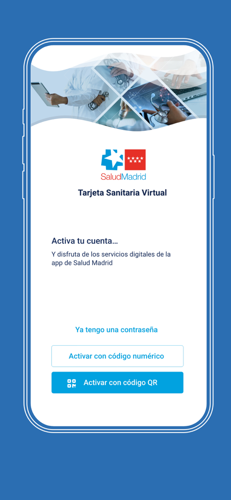 Activation screen for the Tarjeta Sanitaria Virtual app in Madrid