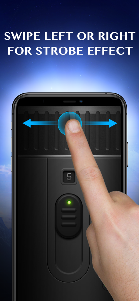 Flashlight ¤ - Eine Hand wischt auf einem Smartphone-Bildschirm, um den Stroboskop-Effekt in einer Taschenlampen-App anzupassen.