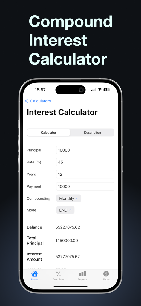 원금, 이율 및 기간을 포함한 복리 계산 필드를 보여주는 BA 재무 계산기 Plus 앱 인터페이스
